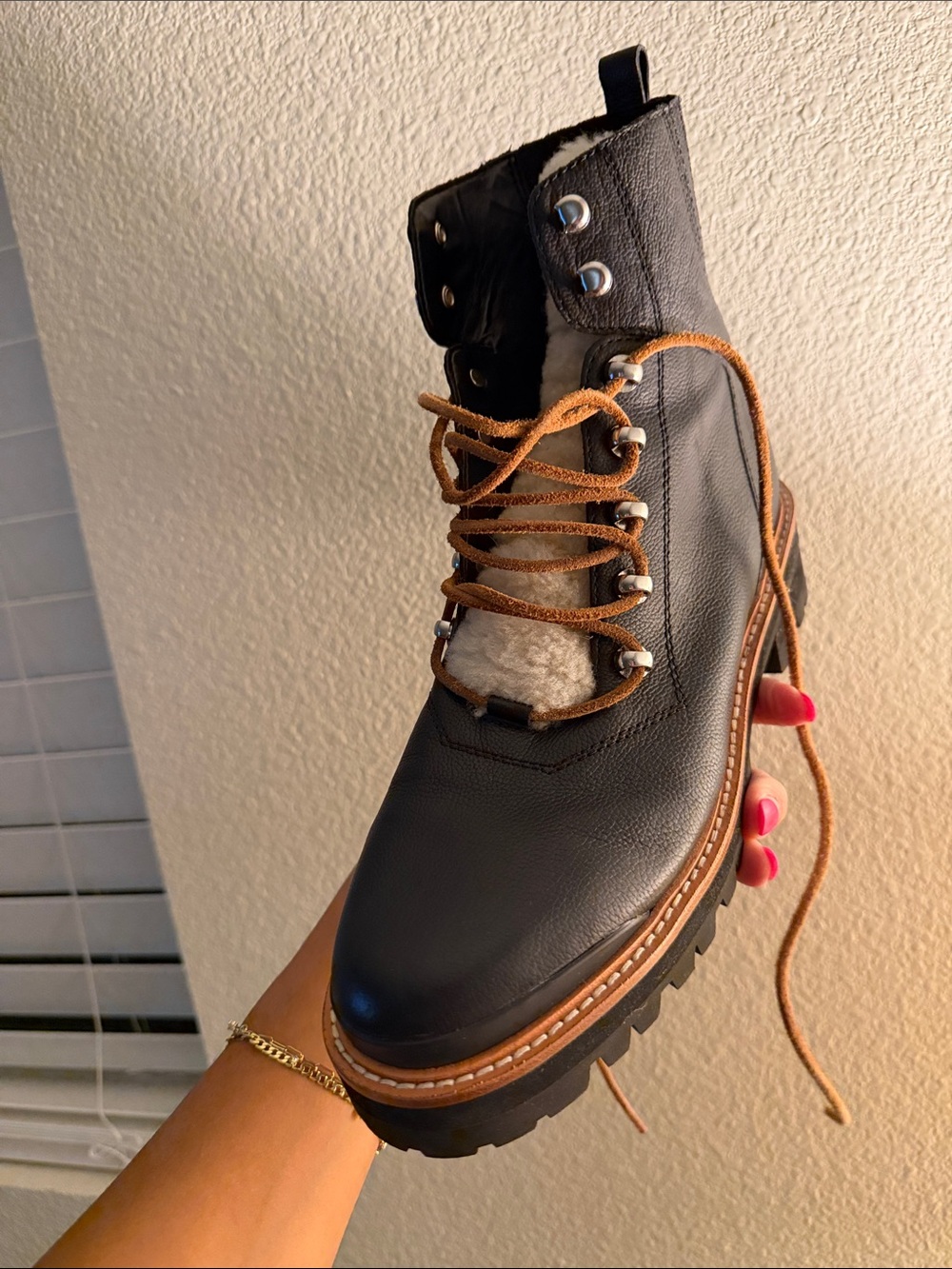 Marc Fisher Black Leather Lace-Up Ankle Boots with Cream Shearling